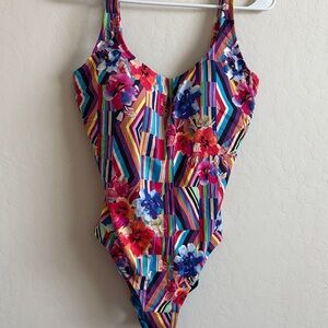 Johnny Was Multicolor Floral Striped Swimsuit